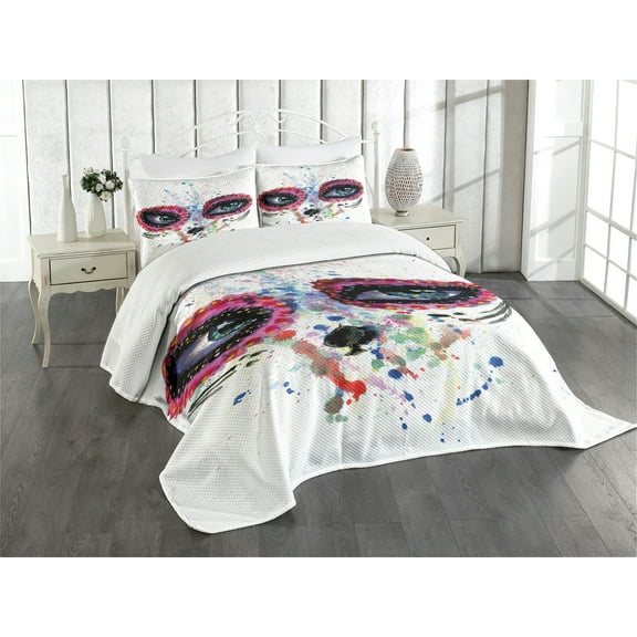 Ambesonne Sugar Skull Quilted Bedspread Set 3 Pcs, Spooky Big Eyes, Queen Size, Multicolor