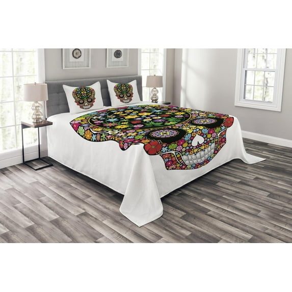 Ambesonne Sugar Skull Quilted Bedspread Set 3 Pcs, Wild Spring Blooms, King Size, Multicolor