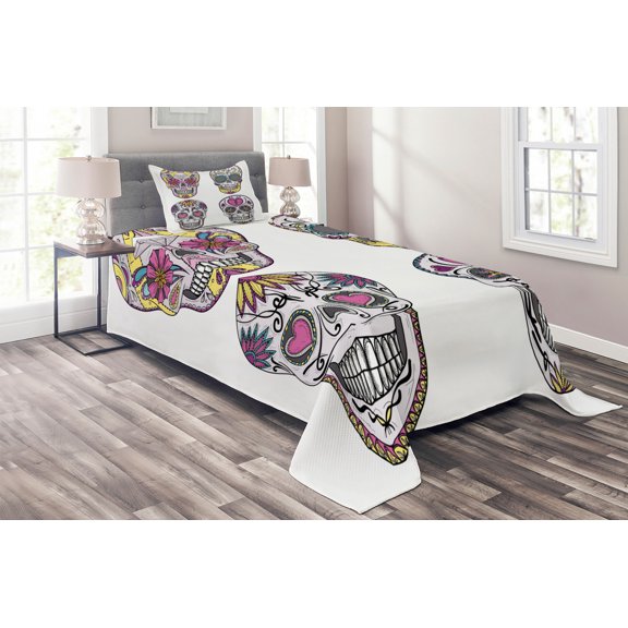 Ambesonne Sugar Skull Quilted Coverlet 2 Pcs, Colorful Mexican, Twin Size, Multicolor