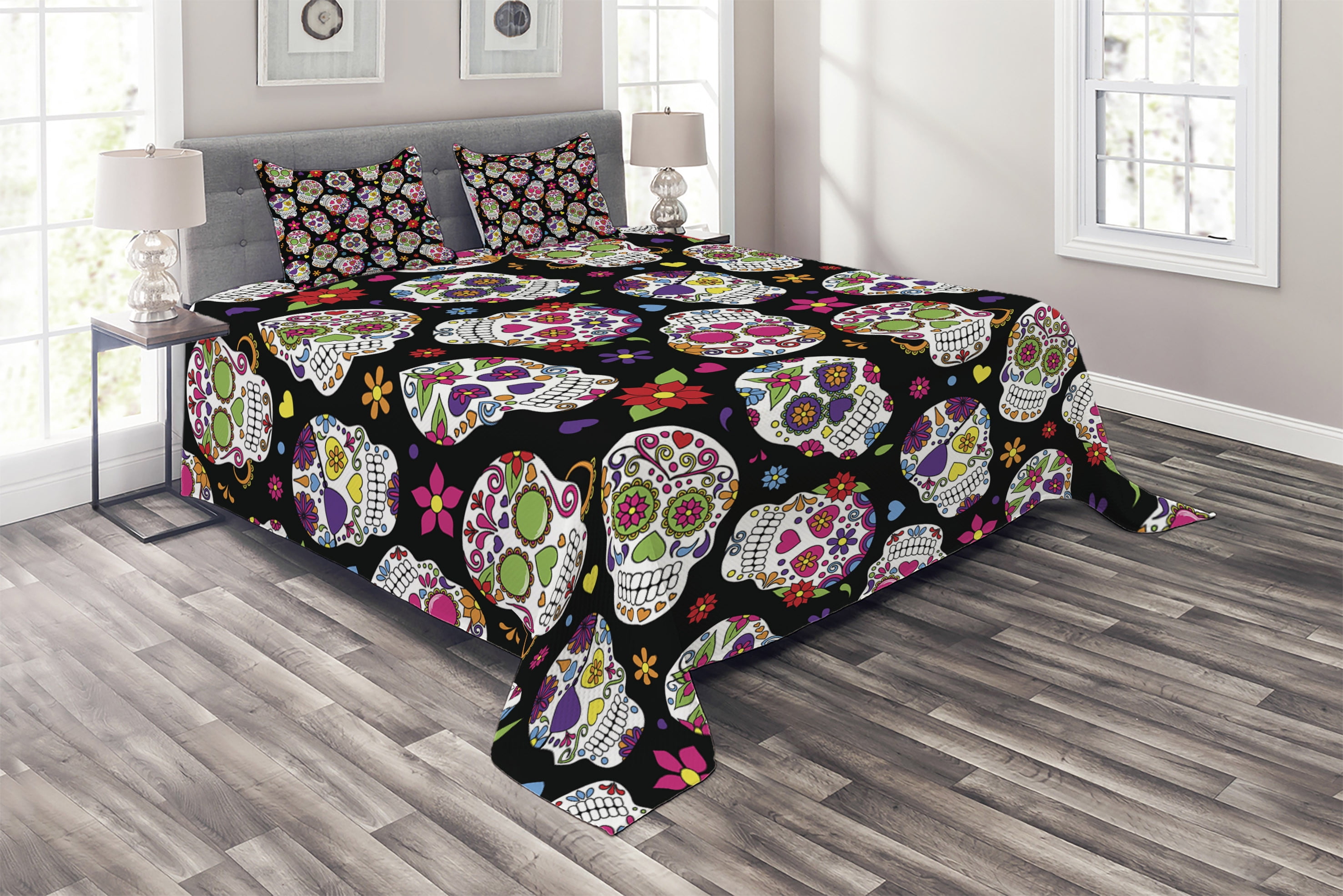 Queen White and Multicolor Sugar Skull Bedspread Set