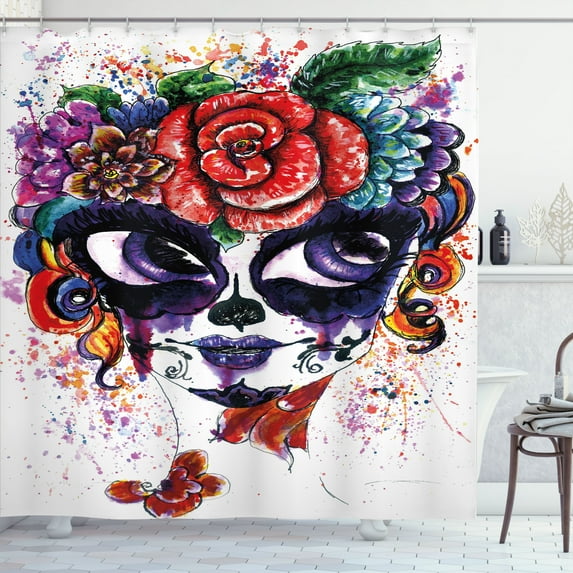 Ambesonne Sugar Skull Shower Curtain, Floral Big Eyes, 69"Wx84"L, Multicolor