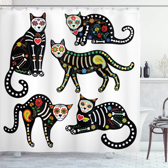 Ambesonne Sugar Skull Shower Curtain, Ornate Black Cats, 69"Wx70"L, Multicolor
