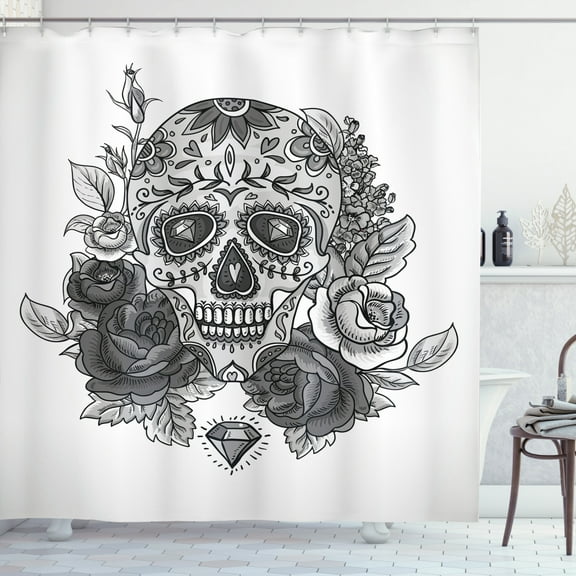 Ambesonne Sugar Skull Shower Curtain, Roses Diamond Shape, 69"Wx75"L, Grey White