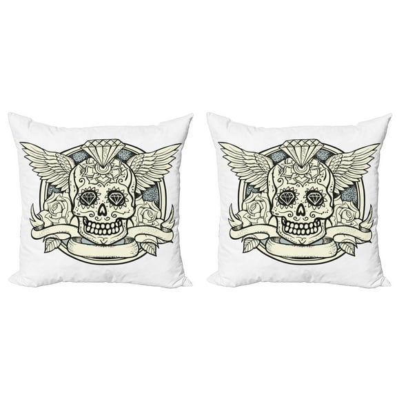 Ambesonne Sugar Skull Throw Pillow Cover 2 Pack, Calavera Diamond, 18", Cream Grey Black