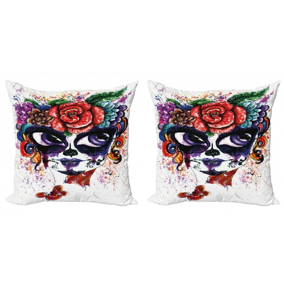 Ambesonne Sugar Skull Throw Pillow Cover 2 Pack, Floral Big Eyes, 16", Multicolor