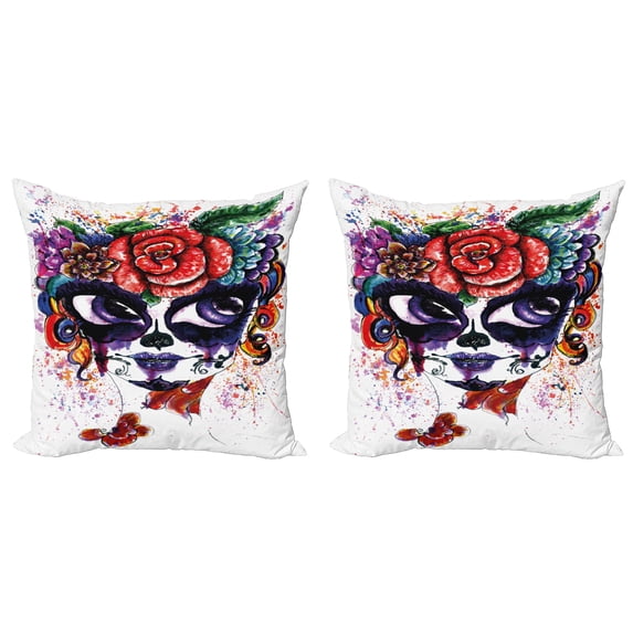 Ambesonne Sugar Skull Throw Pillow Cover 2 Pack, Floral Big Eyes, 18", Multicolor