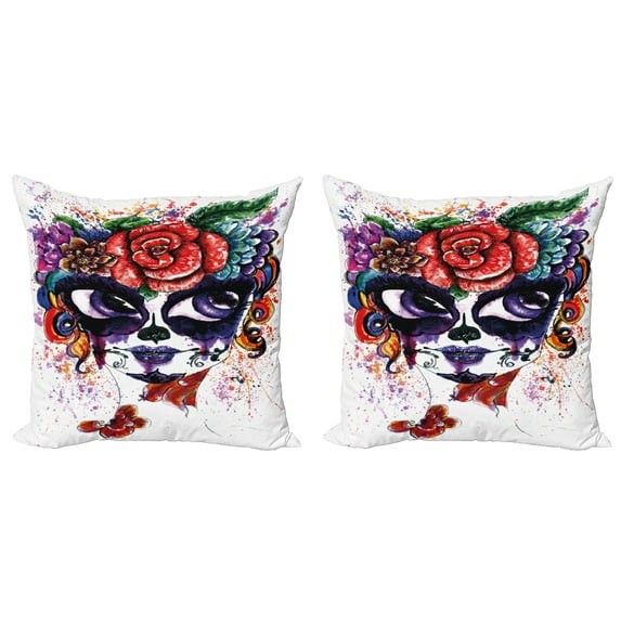 Ambesonne Sugar Skull Throw Pillow Cover 2 Pack, Floral Big Eyes, 20", Multicolor