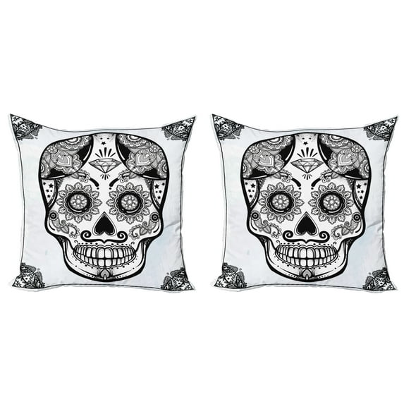 Ambesonne Sugar Skull Throw Pillow Cover 2 Pack, Mandala Spain, 18", Black Pale Grey