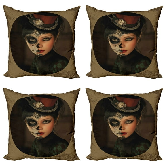 Ambesonne Sugar Skull Throw Pillow Cover 4 Pack, Antique Portrait, 16", Multicolor