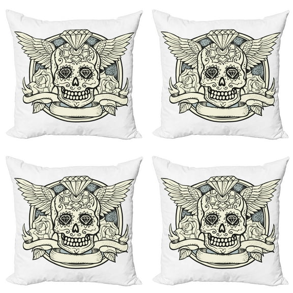 Ambesonne Sugar Skull Throw Pillow Cover 4 Pack, Calavera Diamond, 16", Cream Grey Black