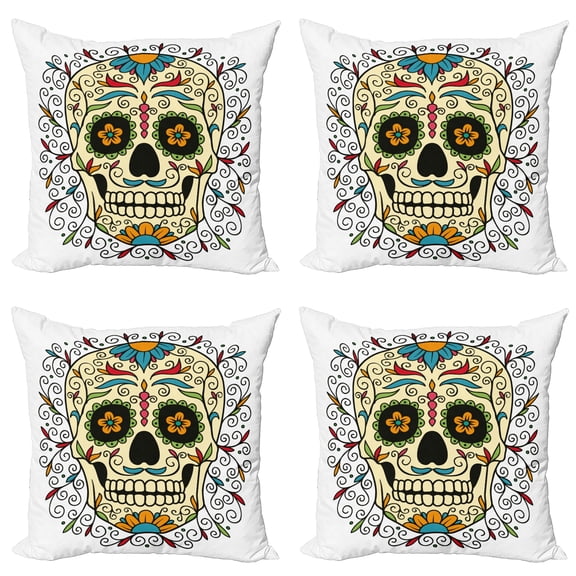 Ambesonne Sugar Skull Throw Pillow Cover 4 Pack, Calavera Featured, 16", Multicolor