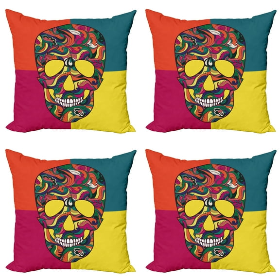 Ambesonne Sugar Skull Throw Pillow Cover 4 Pack, Colorful Calavera, 20", Multicolor