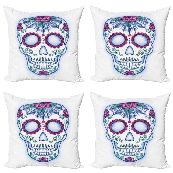 Ambesonne Sugar Skull Throw Pillow Cover 4 Pack, Colorful Skeleton Image, 24", Multicolor