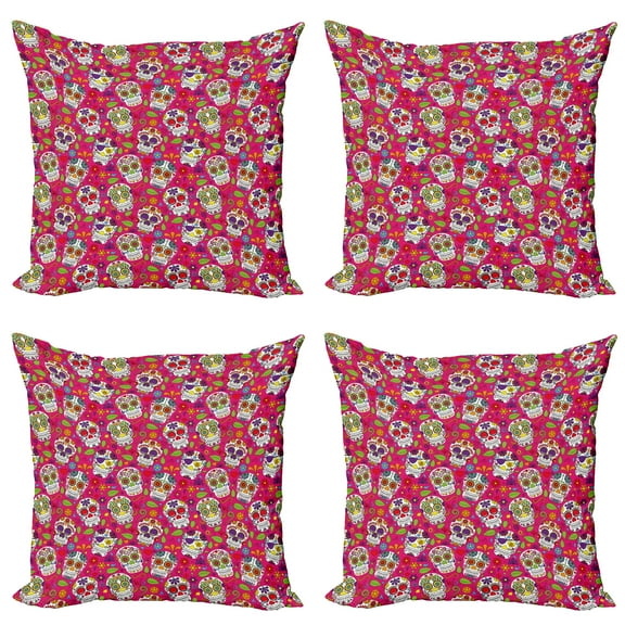 Ambesonne Sugar Skull Throw Pillow Cover 4 Pack, Cultural Ornaments Head, 16", Multicolor