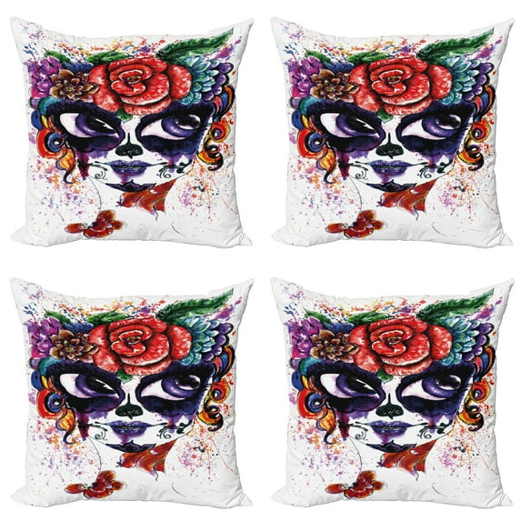 Ambesonne Sugar Skull Throw Pillow Cover 4 Pack, Floral Big Eyes, 18", Multicolor
