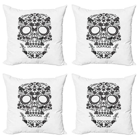 Ambesonne Sugar Skull Throw Pillow Cover 4 Pack, Latin Tradition Art, 18", White and Black