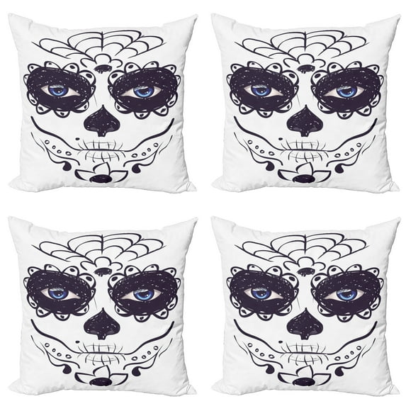 Ambesonne Sugar Skull Throw Pillow Cover 4 Pack, Make up Girl, 24", Black White and Blue