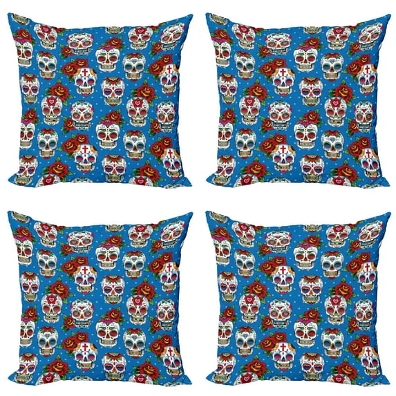 Ambesonne Sugar Skull Throw Pillow Cover 4 Pack, Mexican Retro Dots, 16", Multicolor