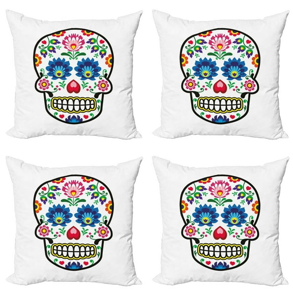 Ambesonne Sugar Skull Throw Pillow Cover 4 Pack, Polish Folk Art, 16", Multicolor