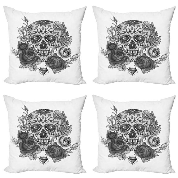 Ambesonne Sugar Skull Throw Pillow Cover 4 Pack, Roses Diamond Shape, 20", Grey White