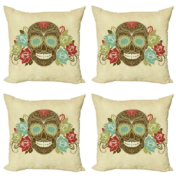 Ambesonne Sugar Skull Throw Pillow Cover 4 Pack, Vintage Gothic Face, 18", Multicolor