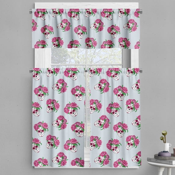 Ambesonne Sugar Skull Valance & Curtain, Pink Roses and Heads, 55"x36", Pale Blue Pink Green
