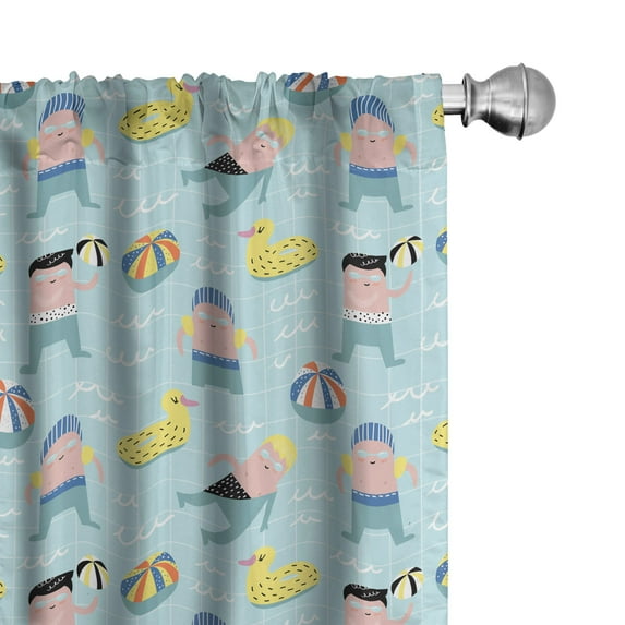 Ambesonne Summer Window Curtains, Young Boys Ducks and Balls, Each 28" W x 95" L, Pale Teal Multicolor
