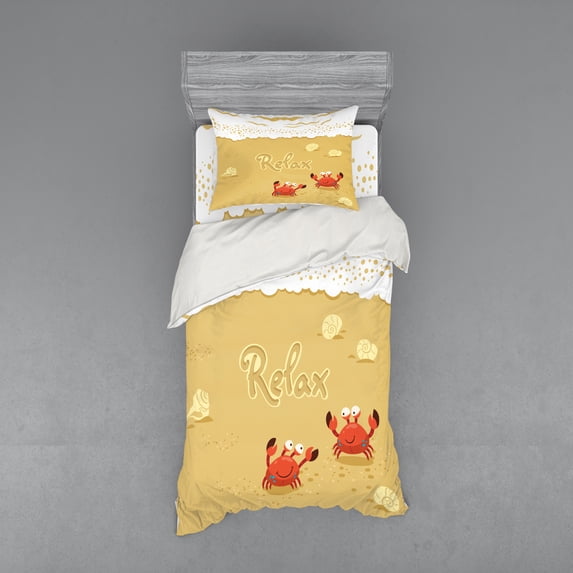 Ambesonne Summer Bedding Set 3 Pcs, Card with Crabs Sea, Twin XL, Sand Brown and White