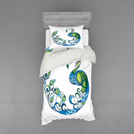 Ambesonne Summer Bedding Set 3 Pcs, Colorful Peacock Tropic, Twin, Blue Green Pink
