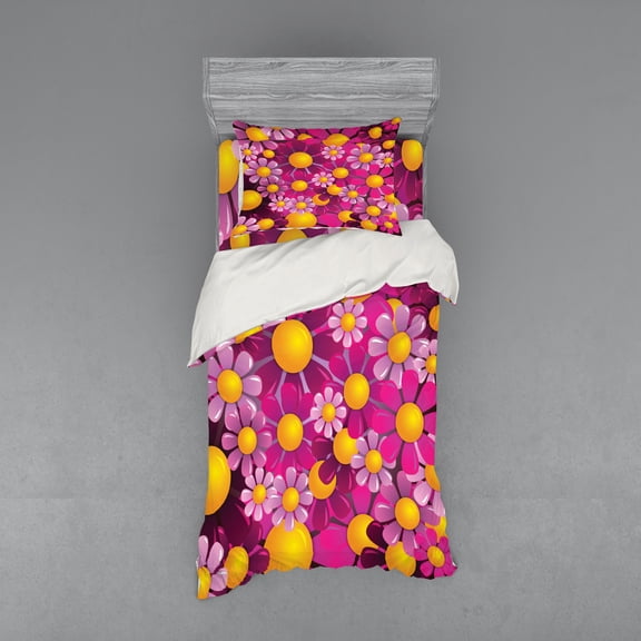 Ambesonne Summer Bedding Set 3 Pcs, Flourish Flowers Cartoon, Twin, Hot Pink Lilac Orange