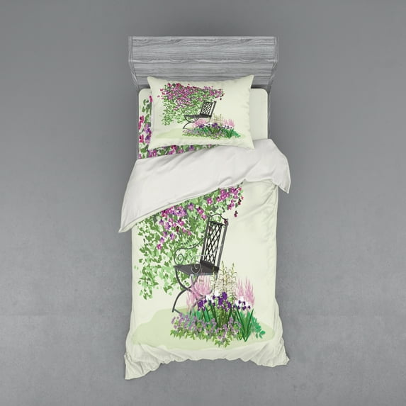 Ambesonne Summer Bedding Set 3 Pcs, Flowers Blooming Garden, Twin XL, Purple Green