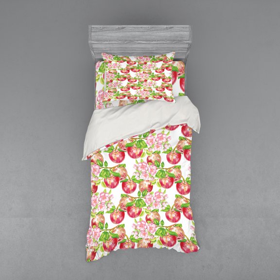 Ambesonne Summer Bedding Set 3 Pcs, Nature Apple Tree Flower, Twin, Red White Green