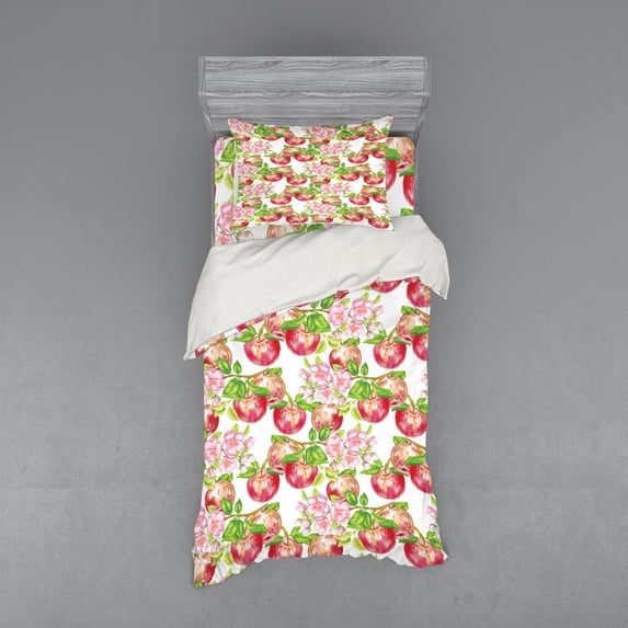 Ambesonne Summer Bedding Set 3 Pcs, Nature Apple Tree Flower, Twin, Red White Green