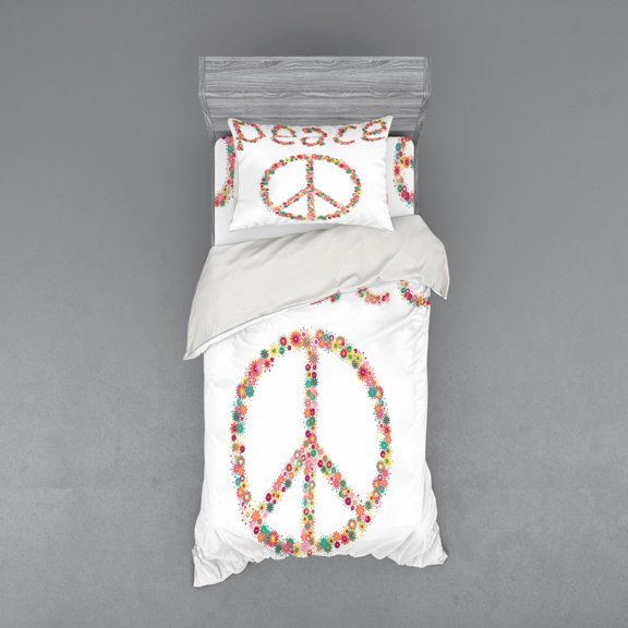 Ambesonne Summer Bedding Set 3 Pcs, Peace Sign with Flower, Twin, Multicolor