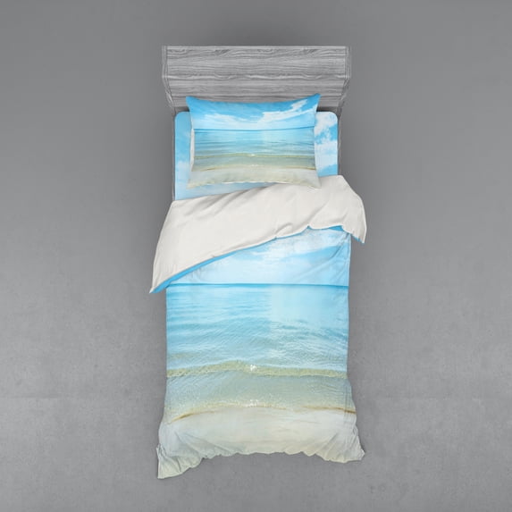 Ambesonne Summer Bedding Set 3 Pcs, Sea Horizon Shore Beach, Twin XL, Blue Cream