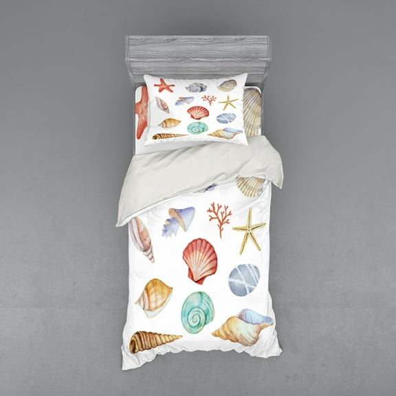 Ambesonne Summer Bedding Set 3 Pcs, Seashells Exotic Animals, Twin, Multi