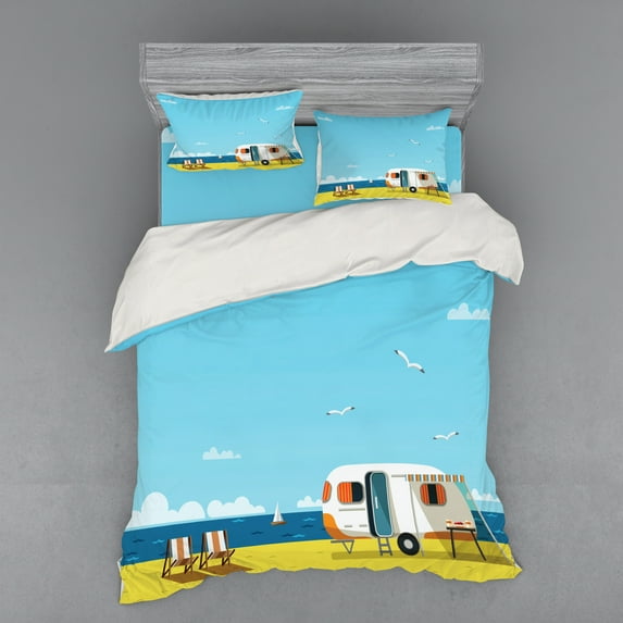 Ambesonne Summer Bedding Set 4 Pcs, Coastline Clouds Scenery, Queen, Aqua Navy Yellow