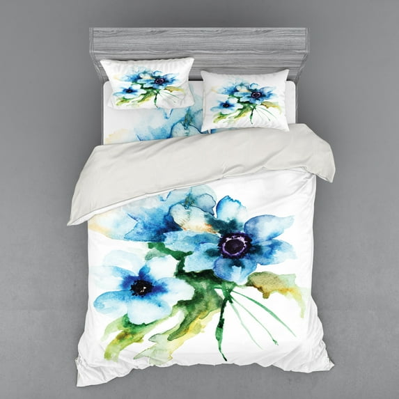 Ambesonne Summer Bedding Set 4 Pcs, Nature Painting, Queen, Teal Green White