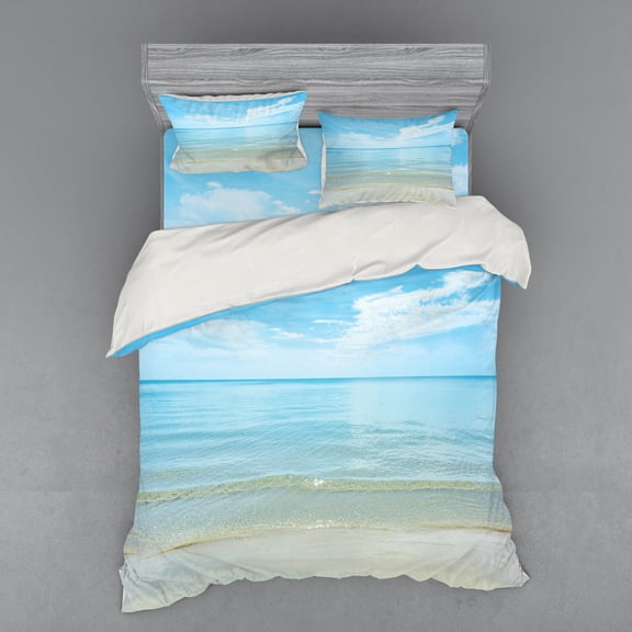 Ambesonne Summer Bedding Set 4 Pcs, Sea Horizon Shore Beach, Queen, Blue Cream