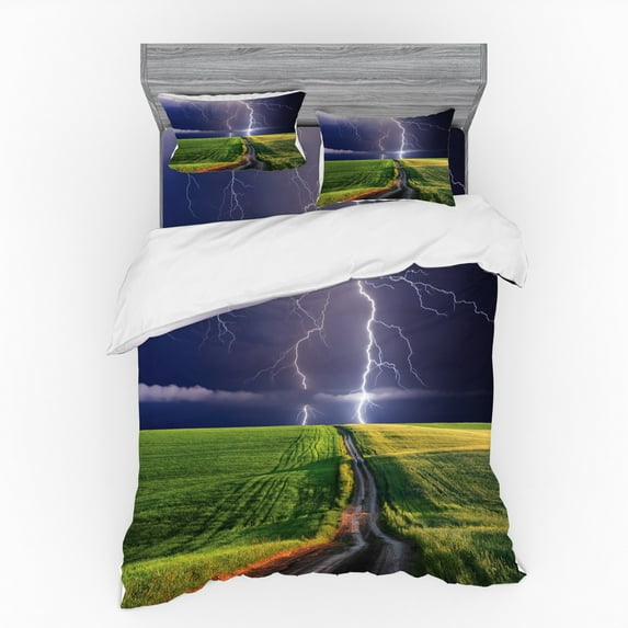 Ambesonne Summer Bedding Set 4 Pcs, Solar Energy Storm Field, Queen, Green Blue