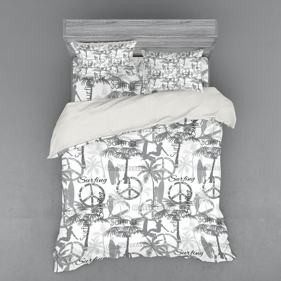 Ambesonne Summer Bedding Set 4 Pcs, Surfer Woman in Ocean, Queen, Grey White