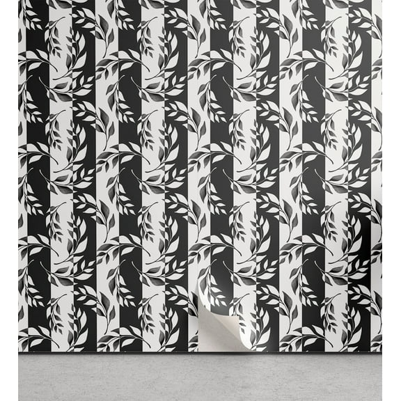 Ambesonne Summer Botanic Peel & Stick Wallpaper for Home, Vertical Stripe Leaf, 13"x100", Charcoal Grey White
