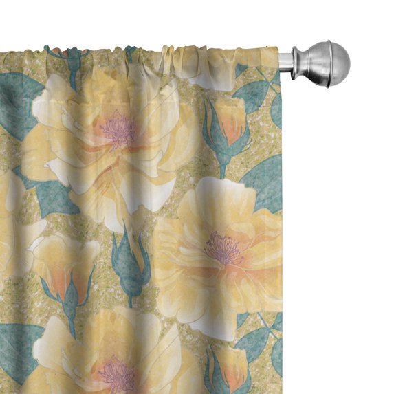 Ambesonne Summer Curtains, Flora Yellow Roses Pattern, Pair of 28"x95", Pastel Brown and Pale Teal
