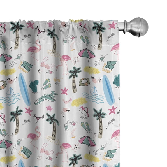 Ambesonne Summer Curtains, Palm Tree Slipper Flamingo, Pair of 28"x95", Pastel Pink and Multicolor