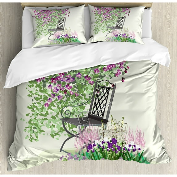 Ambesonne Summer Duvet Cover Set, Flowers Blooming Garden, 2-Calking, Purple Green