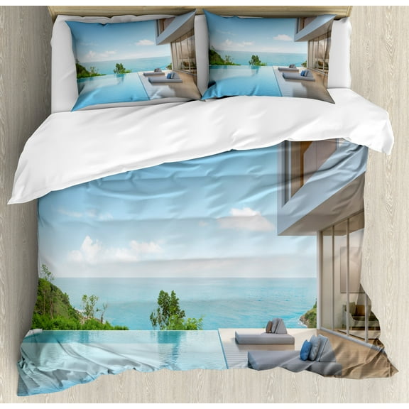 Ambesonne Summer Duvet Cover Set, Minimalist Beach House, 2-Calking, Pale Brown Sky Blue