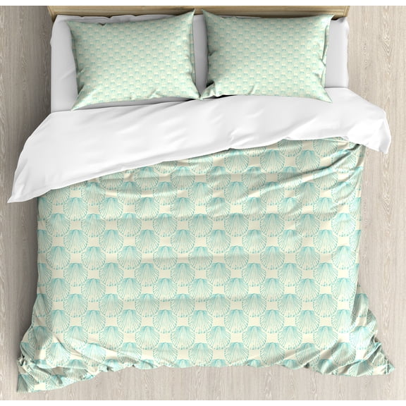 Ambesonne Summer Duvet Cover Set, Mollusk Seashell Oysters, King, Turquoise and Ivory