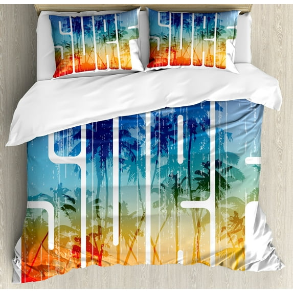 Ambesonne Summer Duvet Cover Set, Surf Retro Letters Palms, King, Navy Orange