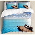 thumbnail image 1 of Ambesonne Summer Duvet Cover Set, Wooden Deck on a Lake, King, Violet Blue Turquoise, 1 of 3