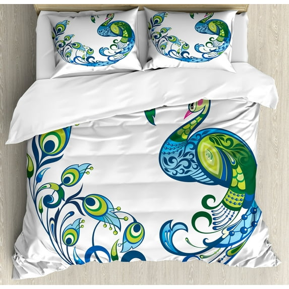 Ambesonne Summer Duvet Cover Sets, Colorful Peacock Tropic, 2-King, Blue Green Pink